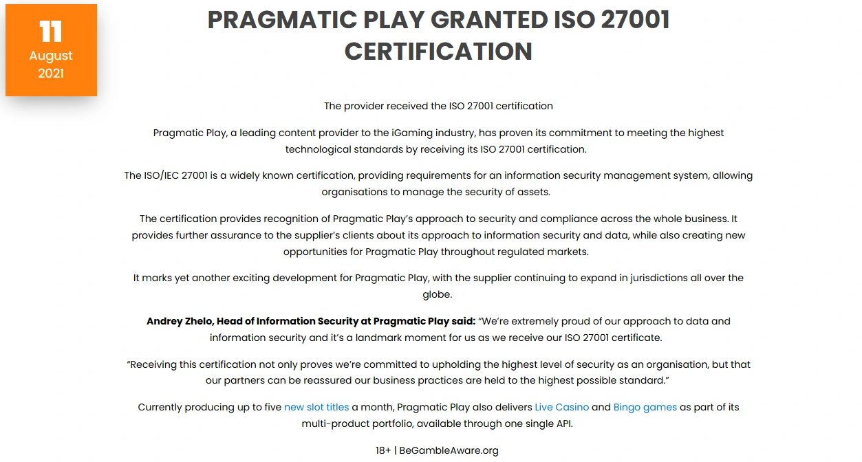 Pragmatic Play ISO 27001 Information Security Certification Achievement
